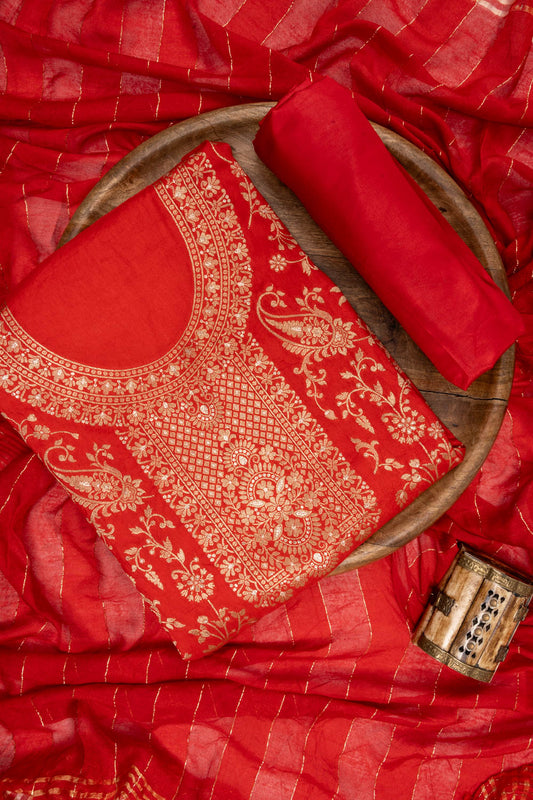 Red Banarasi Woven Zari Cotton Unstitched Salwar Suit With Cotton Dupatta