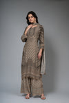 Tussar Crepe Readymade Suit And Palazzo With Chinon Dupatta