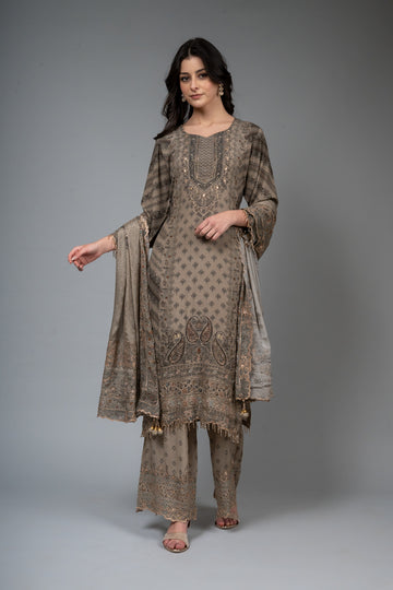 Tussar Crepe Readymade Suit And Palazzo With Chinon Dupatta