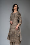 Tussar Crepe Readymade Suit And Palazzo With Chinon Dupatta