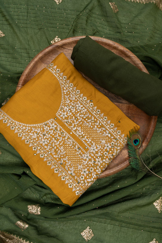 Mustard Mirror Sheet, Sequence & Zari Threadwork Cotton Unstitched Salwar Suit With Cotton Dupatta