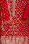 Red Banaras Bandhini & Banarasi Woven Zari Cotton Unstitched Salwar Suit With Cotton Dupatta