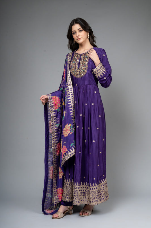 Purple Dolna Floor Length Readymade Suit And Legging With Chinon Dupatta