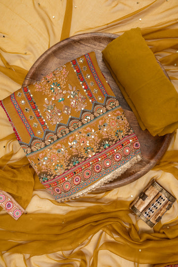 Mustard Swarovski, Mirror Sheet & Digital Printed Chinon Unstitched Salwar Suit With Chiffon Dupatta