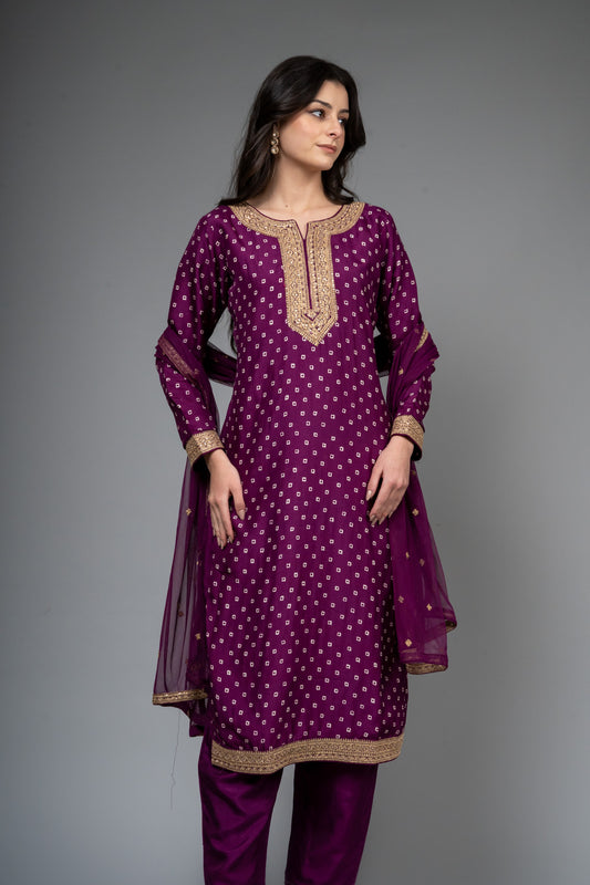 Purple Dolna Readymade Suit And Pant With Net Dupatta