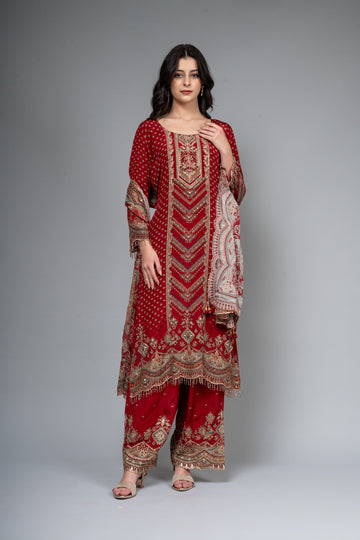 Maroon Crepe Readymade Suit And Palazzo With Chinon Dupatta