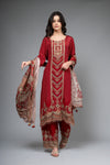 Maroon Crepe Readymade Suit And Palazzo With Chinon Dupatta