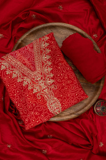 Red Sequence, Zari Threadwork & Bandhini Printed Cotton Unstitched Salwar Suit With Cotton Dupatta