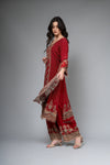 Maroon Crepe Readymade Suit And Palazzo With Chinon Dupatta