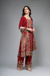 Maroon Crepe Readymade Suit And Palazzo With Chinon Dupatta