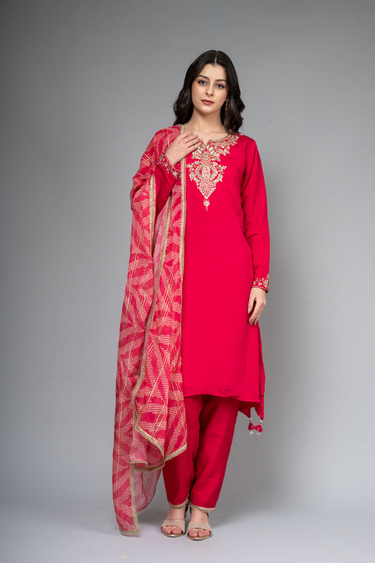 Rani Cotton Readymade Suit And Pant With Organza Dupatta