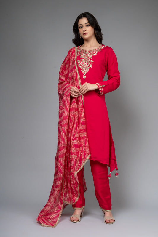 Rani Cotton Readymade Suit And Pant With Organza Dupatta