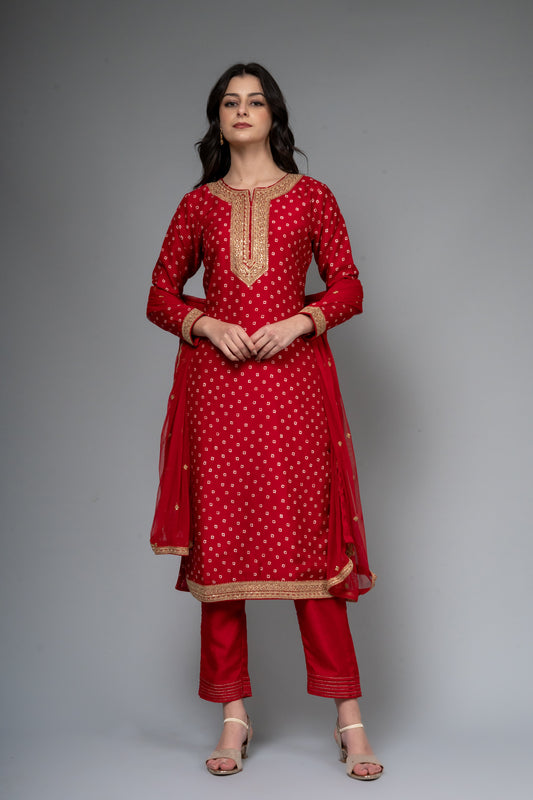 Red Dolna Readymade Suit And Pant With Net Dupatta