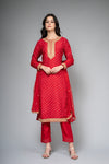 Red Dolna Readymade Suit And Pant With Net Dupatta