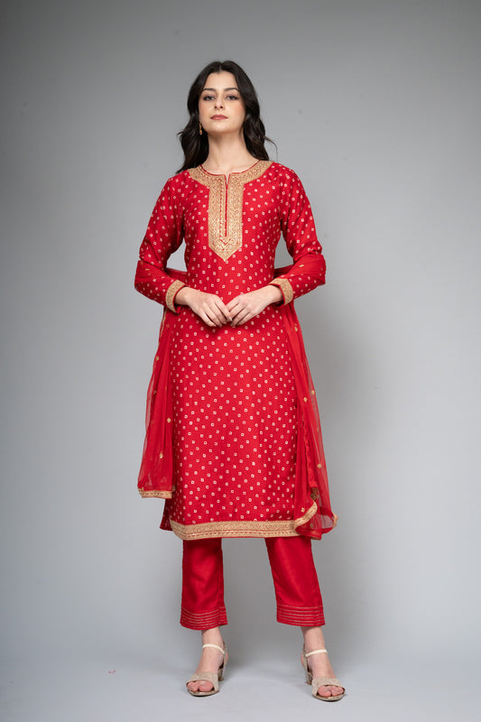 Red Dolna Readymade Suit And Pant With Net Dupatta