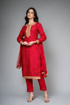 Red Dolna Readymade Suit And Pant With Net Dupatta