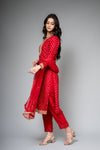 Red Dolna Readymade Suit And Pant With Net Dupatta