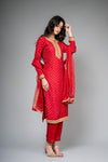 Red Dolna Readymade Suit And Pant With Net Dupatta