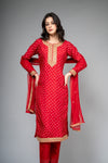 Red Dolna Readymade Suit And Pant With Net Dupatta