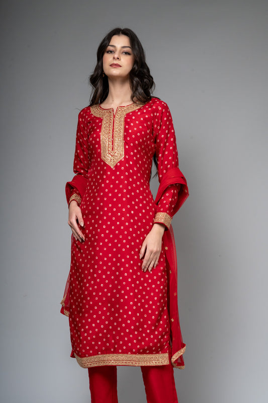 Red Dolna Readymade Suit And Pant With Net Dupatta