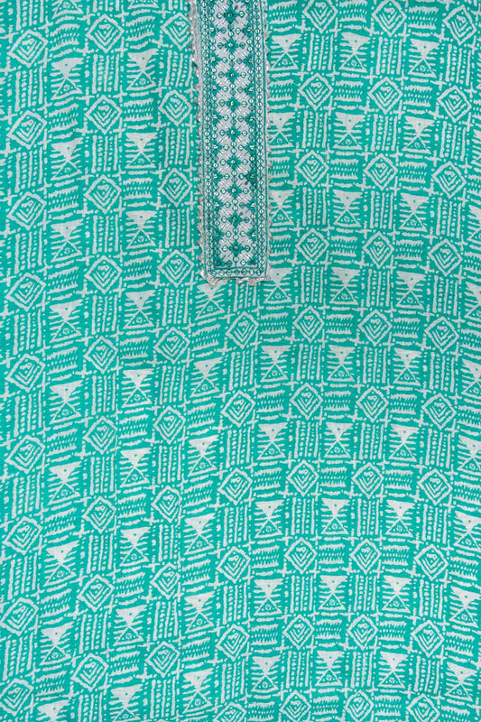 Tea Green Sequence, Threadwork & Digital Printed Cotton Unstitched Salwar Suit With Cotton Dupatta