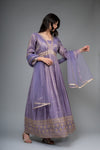 Mauve Cotton Floor Length Readymade Suit With Net Dupatta