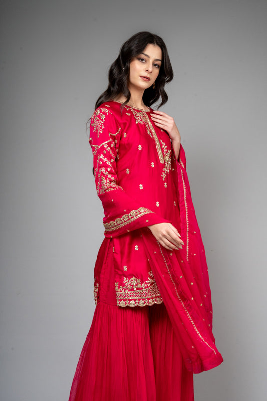 Rani Satin Readymade Sharara Set With Organza Dupatta