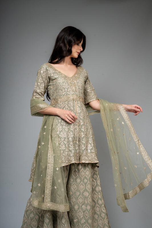 Pista Georgette Readymade Sharara Set With Net Dupatta