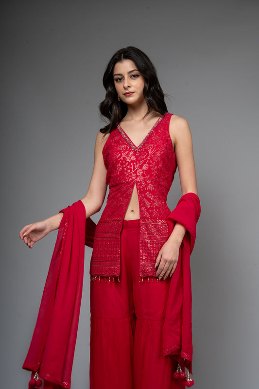 Coral Georgette Readymade Sharara Set With Georgette Dupatta