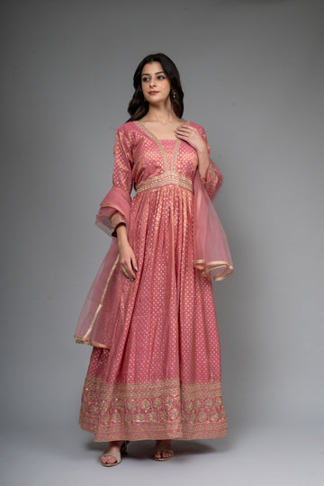 Gajari Cotton Floor Length Readymade Suit With Net Dupatta