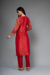 Red Georgette Readymade Suit And Pant With Organza Dupatta