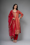 Red Georgette Readymade Suit And Pant With Organza Dupatta