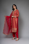 Red Georgette Readymade Suit And Pant With Organza Dupatta