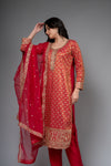 Red Georgette Readymade Suit And Pant With Organza Dupatta