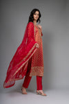 Red Georgette Readymade Suit And Pant With Organza Dupatta