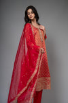 Red Georgette Readymade Suit And Pant With Organza Dupatta