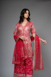 Red Georgette Readymade Sharara Set With Net Dupatta