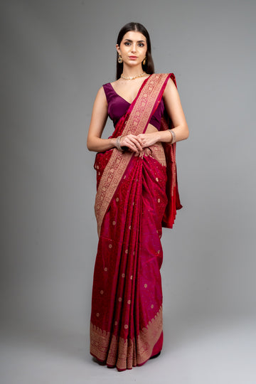 Magenta Woven Zari Banarasi Silk Saree With Unstitched Blouse