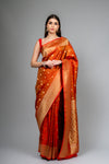 Rust Woven Zari Banarasi Silk Saree With Unstitched Blouse