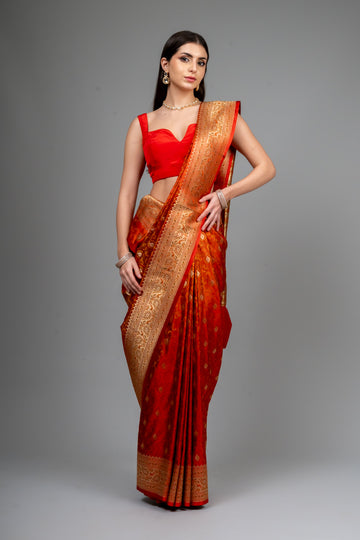 Rust Woven Zari Banarasi Silk Saree With Unstitched Blouse