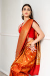 Rust Woven Zari Banarasi Silk Saree With Unstitched Blouse