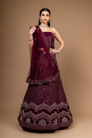 Garnet Zari Threadwork Embroidery & Sequence Net Lehenga Set With Unstitched Blouse