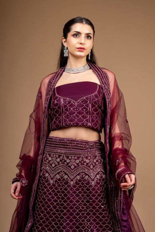 Garnet Zari Threadwork Embroidery & Sequence Net Lehenga Set With Unstitched Blouse