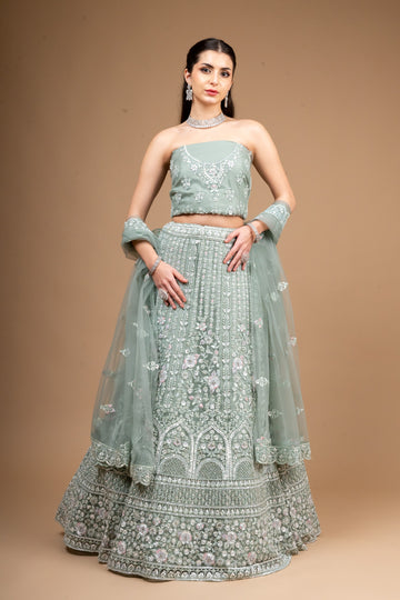 Mint Green Zari, Threadwork, Embroidered & Sequence Net Lehenga Set With Unstitched Blouse