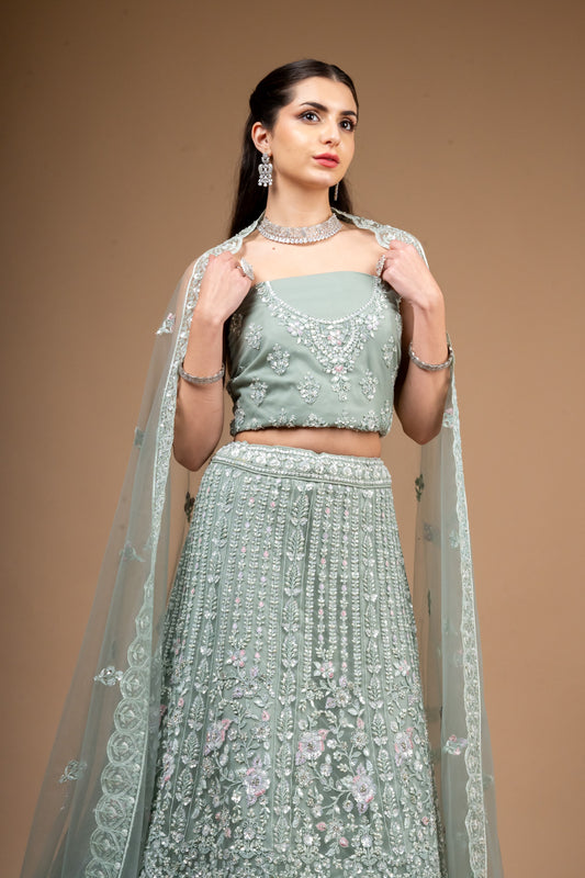 Mint Green Zari, Threadwork, Embroidered & Sequence Net Lehenga Set With Unstitched Blouse