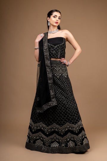 Black Zari Threadwork Embroidery & Sequence Net Lehenga Set With Unstitched Blouse