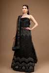 Black Zari Threadwork Embroidery & Sequence Net Lehenga Set With Unstitched Blouse