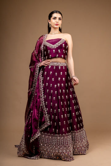 Wine Zari Threadwork, Embroidery & Sequence Organza Lehenga Set With Unstitched Blouse