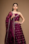 Wine Zari Threadwork, Embroidery & Sequence Organza Lehenga Set With Unstitched Blouse