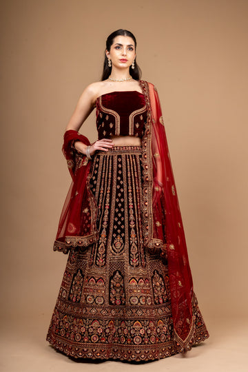 Wine Zarkan, Zari Threadwork Embroidery & Sequence Net/Velvet Lehenga Set With Unstitched Blouse